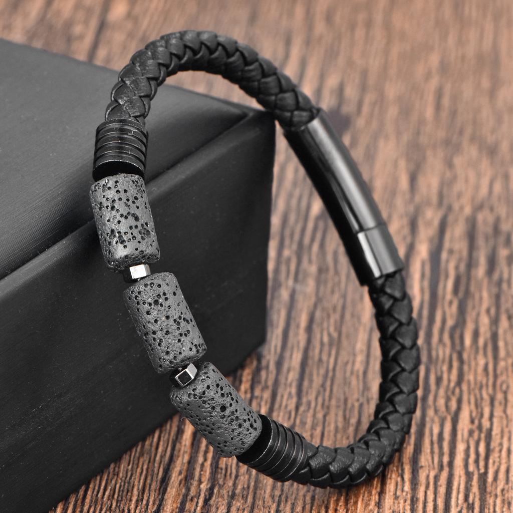Natural Stone Black Bracelet, Cowhide Men's Double-layer Volcanic Stone Woven Bracelet, Multi-layer Leather Bracelet.
