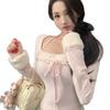 Women's Pink Patchwork Square Neck Long Sleeve T-shirt, Slim Fit, Autumn/Winter Style