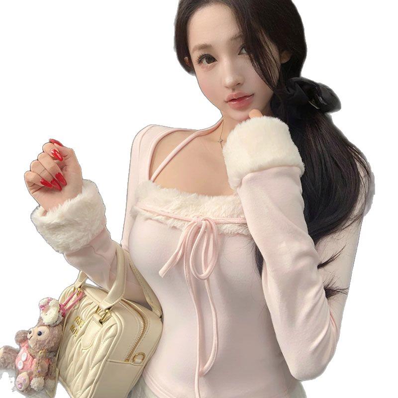 Women's Pink Patchwork Square Neck Long Sleeve T-shirt, Slim Fit, Autumn/Winter Style