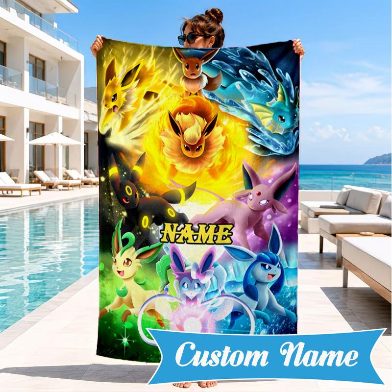 Custom Name Beach Towel Poke Eeveelutions Microfiber Beach Towel Super Soft & Absorbent for Bath, Beach, Travel  Bath Time Accessory, Fan gifts