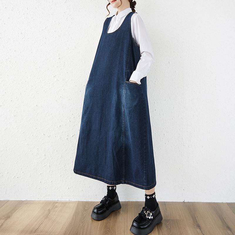 DIMANAF Women Plus Size Denim Dress Sleeveless Maxi Long Dress Cottton Vintage Loose Casual Dresses