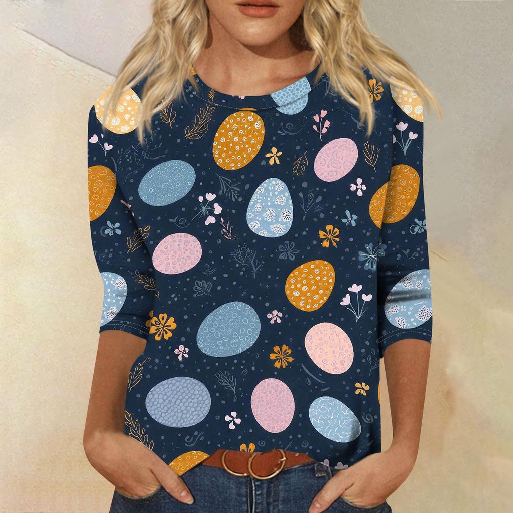 Women's Fashion Casual Sleeve Easter Elements Print Round Neck Top