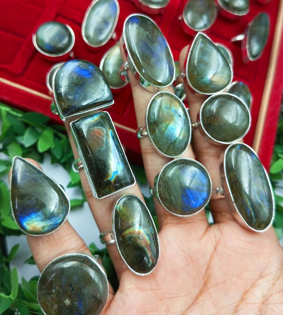 10Pcs Labradorite Gemstone 925 Sterling Silver Plated Wholesale Lot Rings JOR-R36
