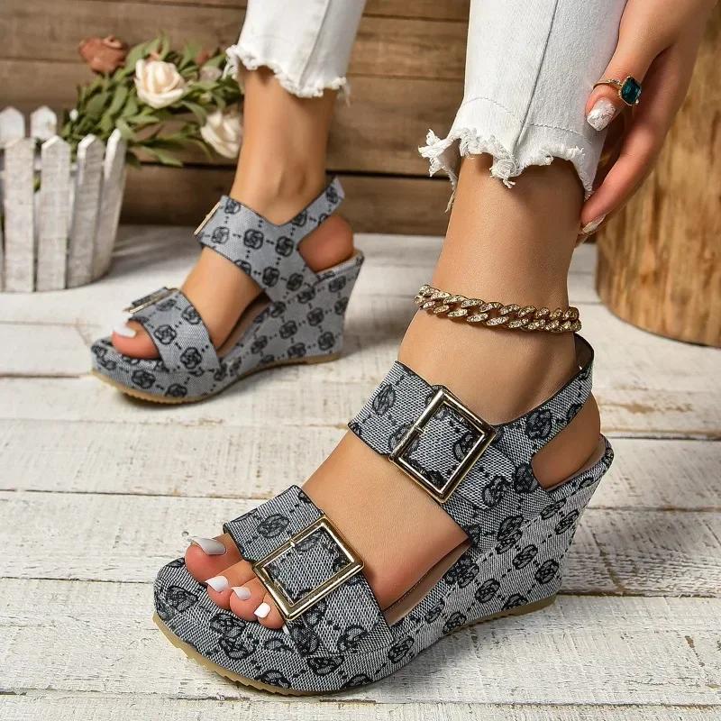 Women's High Heel Wedge Double Buckle Open Toe Sandals 2024 Buckle Multi Color Women's Flat Shoes Heels Womens  Sandals