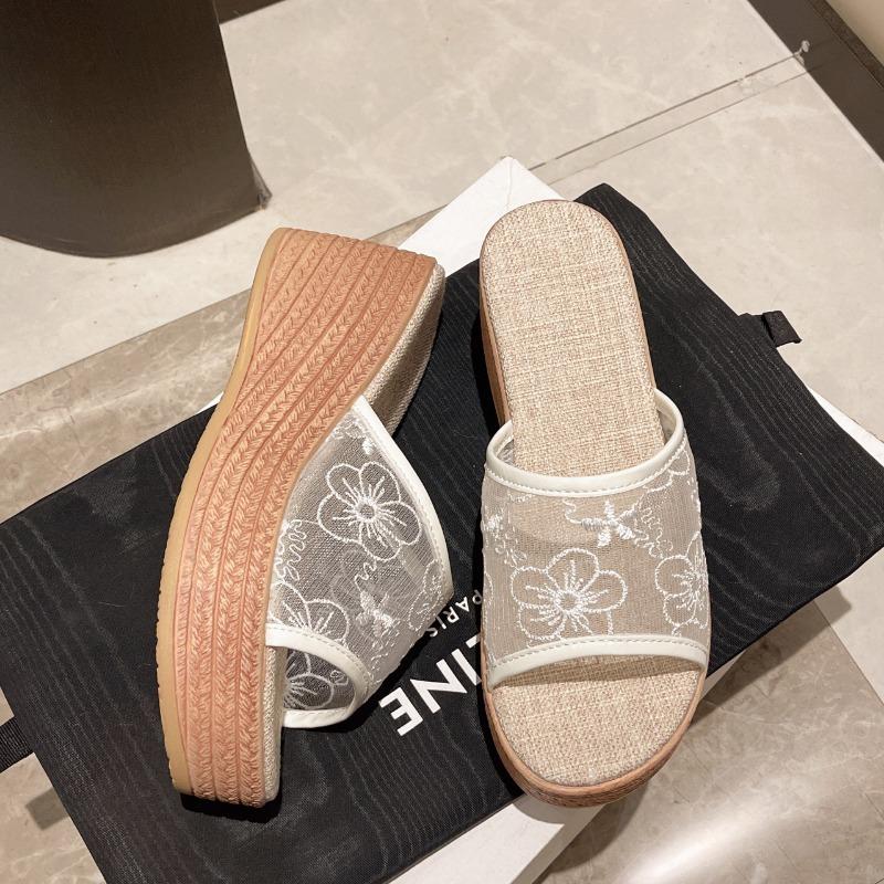 Fashion Women's Slope Heel Sandals Summer New Round Head Open Toe Net Cloth Embroidery Thick Sole Non-slip High-heeled Slippers
