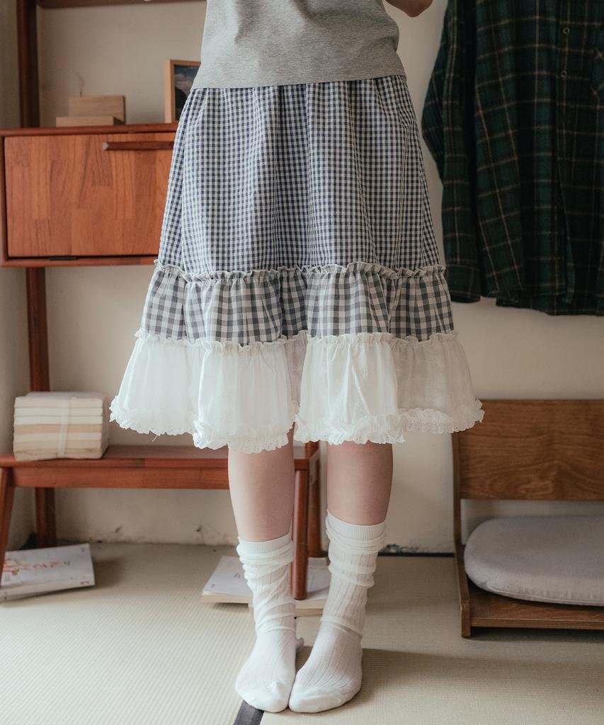 High School Disco Mixed Check Tiered Midi Skirt
