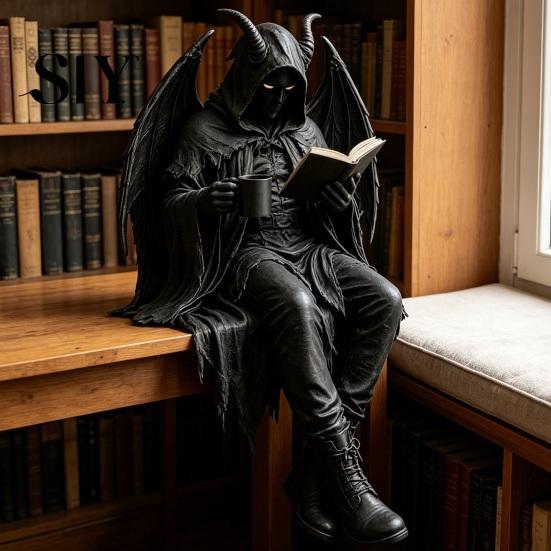 Dunkles Fantasy Buchregal Ornament Gotische Figur, Skelett liest Buch Statue, Akademie Heimdekoration Dekor für Bibliothek Büro Arbeitszimmer Sammler