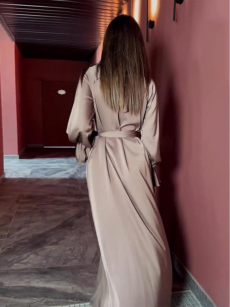 2023 Autumn Solid Color Satin Long-Sleeve Loose Dress with Belt for Women