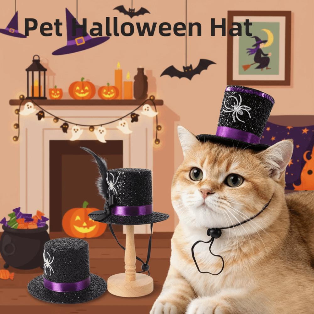 Adjustable Strap Halloween Pet Hat Shiny Sequins Black Feather Dog Cosplay Cap Lightweight Felt Glittery Fabric Cat Top Hat