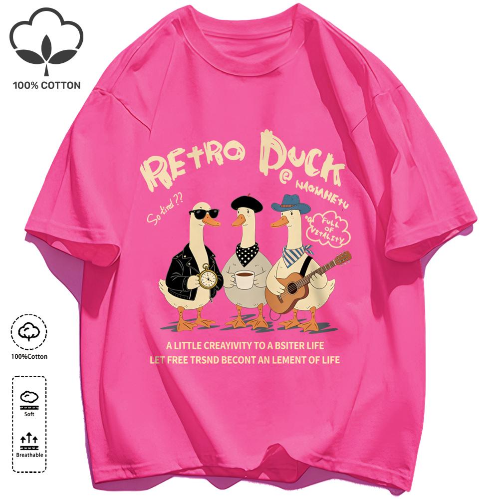 Retro Duck With Free Time T Shirt Unisex Fashion All-Match Basics Streetwear O-Neck Cotton Clothing Unisex Summer Loose Tee