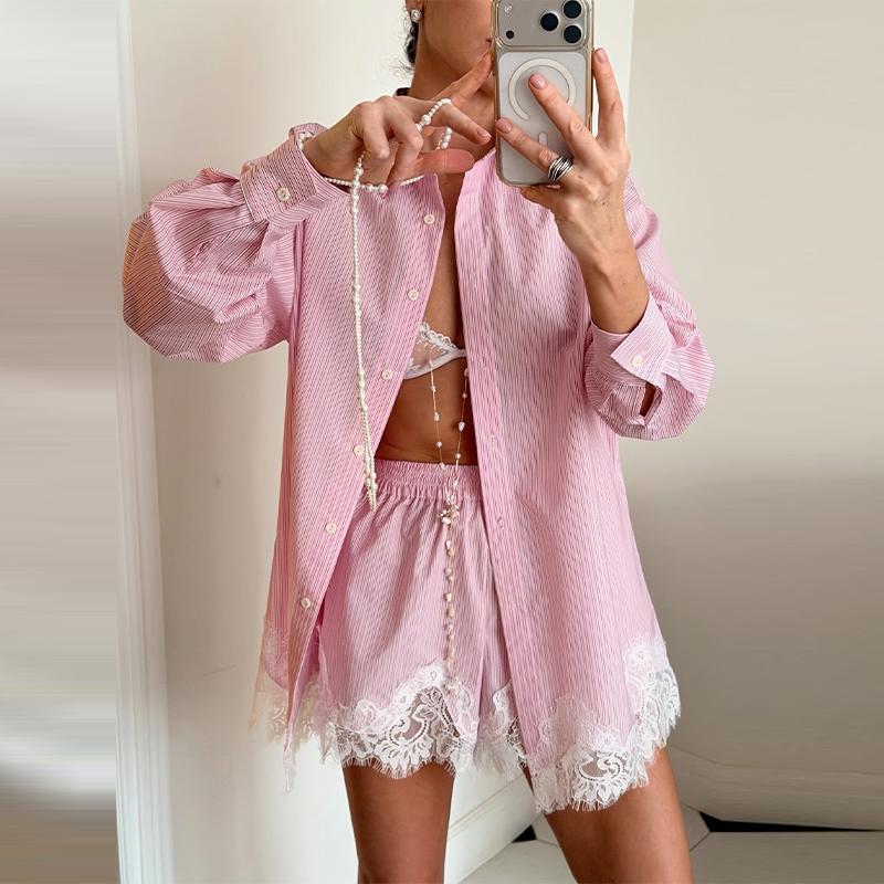 Strandhemden Shorts Outfits Damen Revers Einreiher Langarm Spitze Patchwork Sets Damen Frühling Sommer Urlaubssets