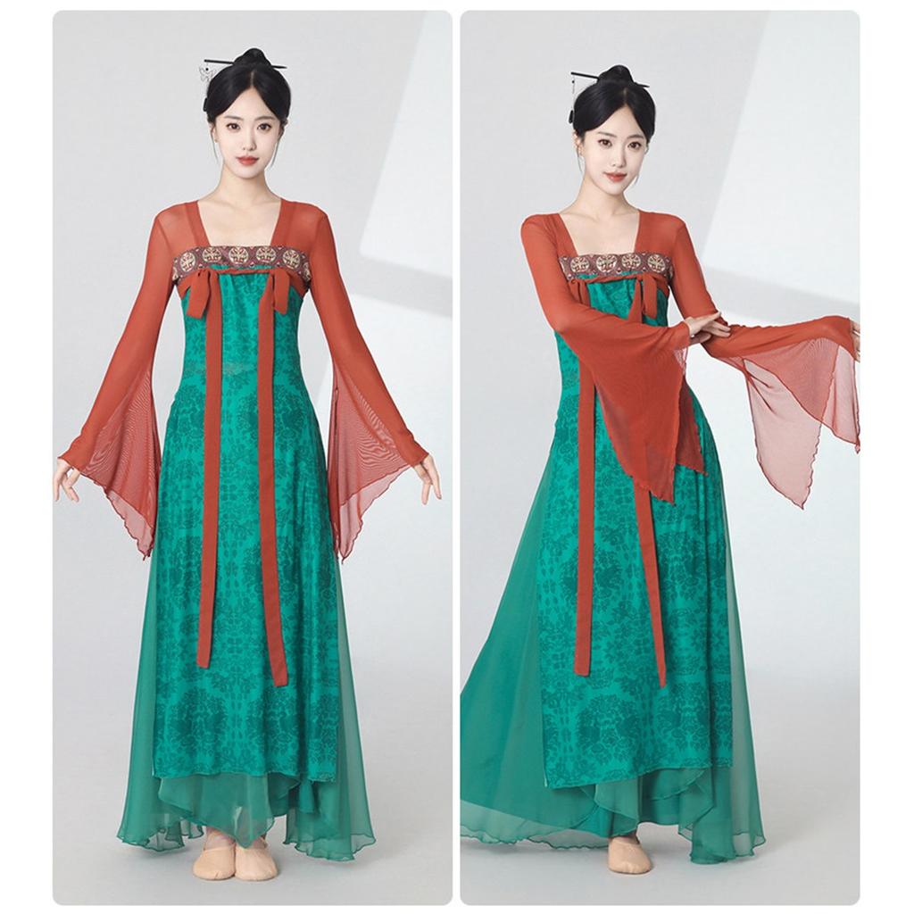 Women's Chinese Classical Dance Costume, Red Green Contrast Color Flowy Chiffon Performance Dress With Long Sleeves