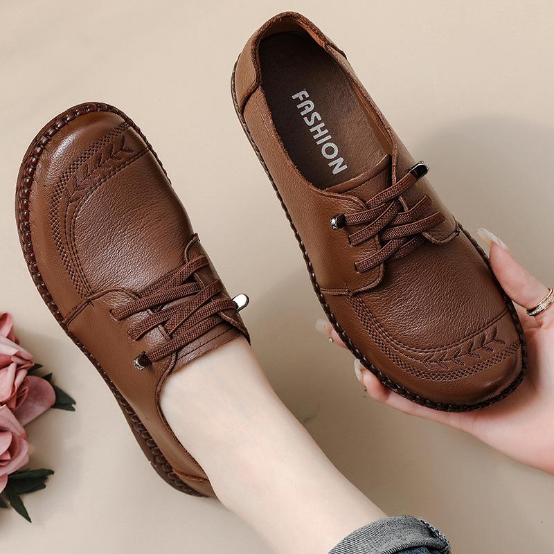 Cowhide Retro Ethnic Style Women Shoes Comfortable Tendon Soft-Soled Mother Shoes Genuine Leather Thick-Soled Leather Shoes