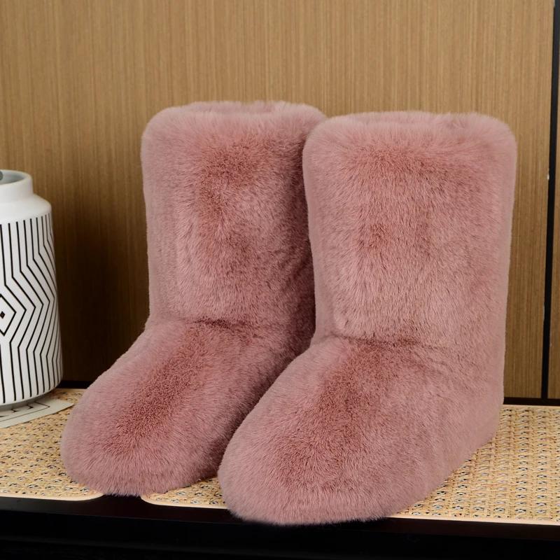 Winter Flauschige Y2K Schuhe Pelzige Schuhe Flauschiges Fell Schneestiefel für Damen Plüschfutter Zum Hineinschlüpfen Gummi Flach Outdoor Warme Damenschuhe 37 beige