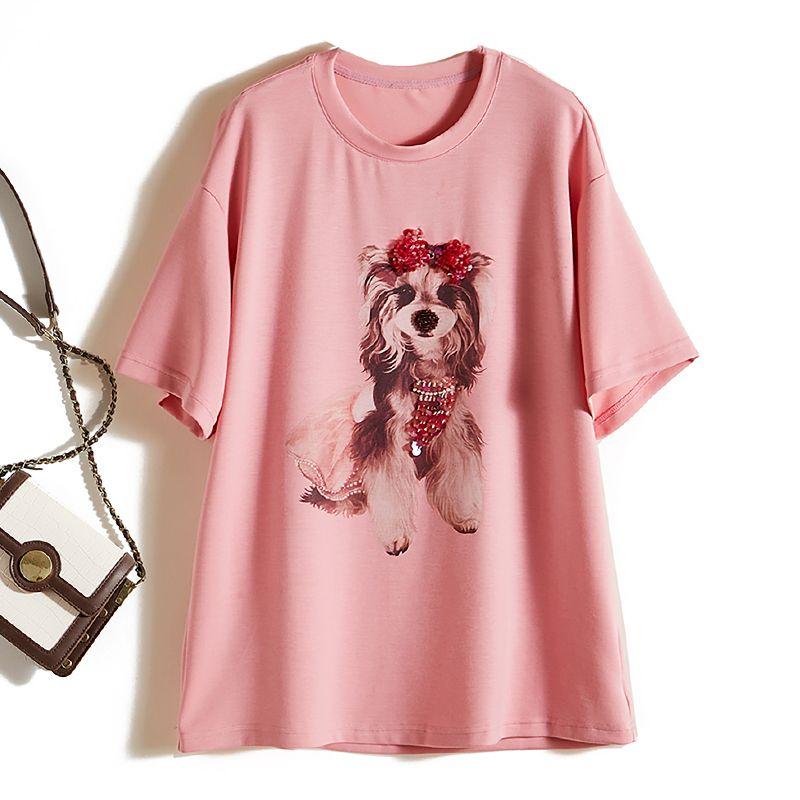 

Why Is It So Beautiful! Youth Women s Cotton Breathable round Neck Cocoon Shaped Loose Version Inclusive Beaded Dogs T-shirt Pink L