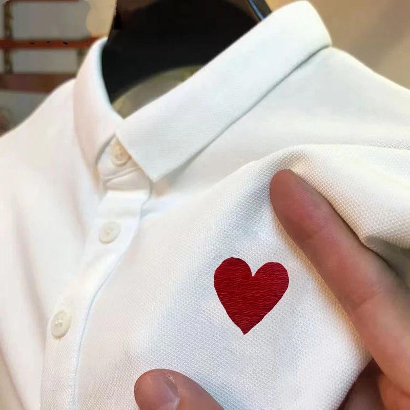 

Men s Green Polo Shirt with Red Heart Print Collared Short Sleeve Casual Top S белый