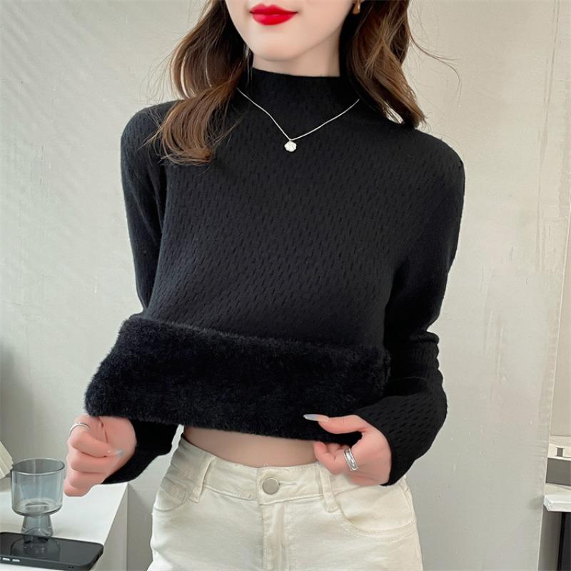 

One-piece velvet semi-turtleneck knitted sweater for women s new design sense hollow top bottoming shirt thickened sweater for women average size [recommended 80-60kg] чёрный