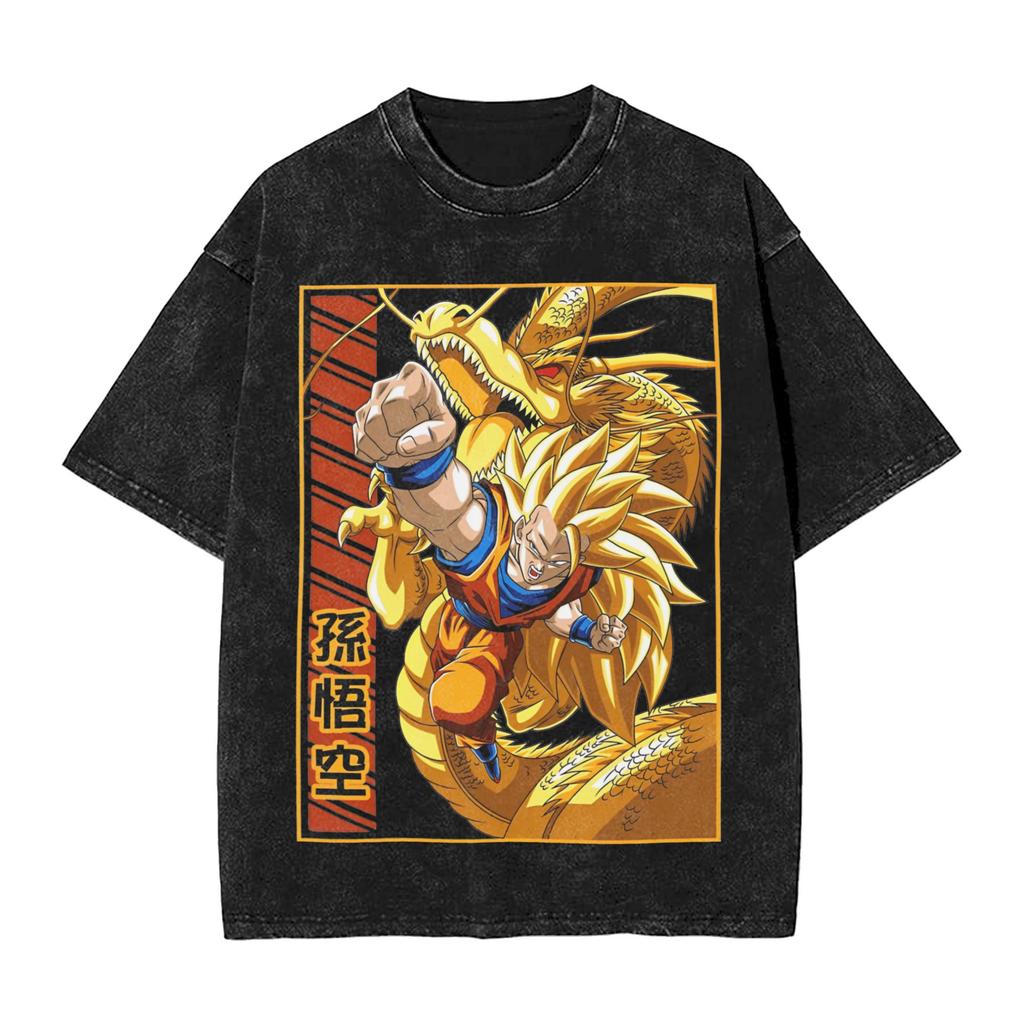 Summer Dragon Ball Retro Washed Cotton T-Shirt Men Oversized Vegeta Print Unisex Short Sleeve Streetwear