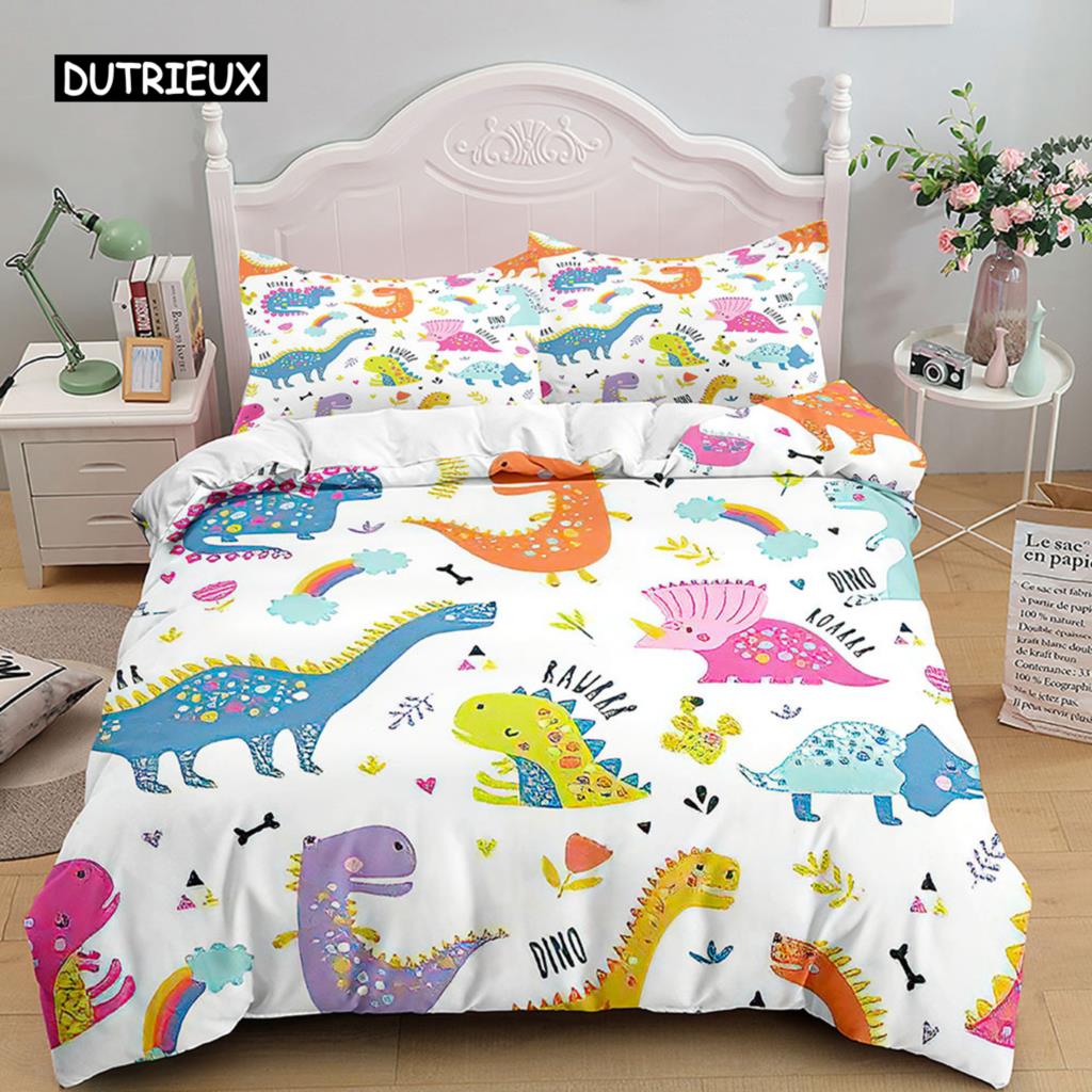 Cartoon Dinosaur Duvet Cover 3D Kawaii Animal Boy Bedding Set for Kids Girls Soft Microfiber Quilt Cover with Zipper Closure