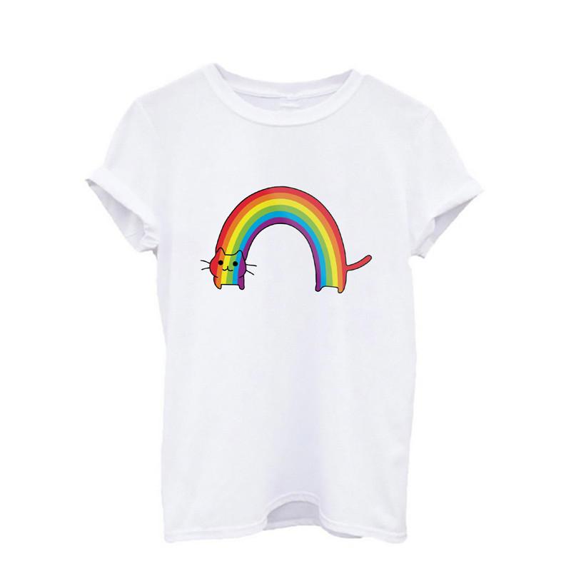 

2025 Summer New Fashion Cartoon Kawaii Rainbow Print Ladies T-Shirt Women Clothes Hipster Graphic Tee XXXL білий