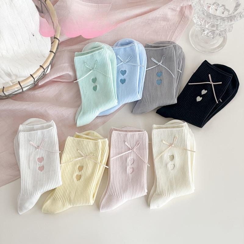 Bow Socks, Women's Mid-calf Socks, Spring and Summer Pile Socks, Embroidered Heart-shaped Trendy Cotton Socks, Long Pile Socks