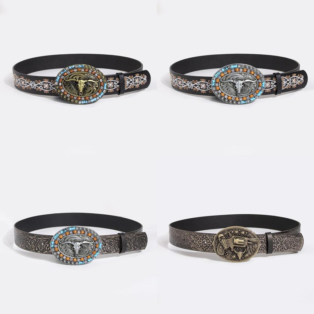 Vintage Turquoise Carved Sheep Head Embroidered Leather Belt For Fashion Enthusiasts