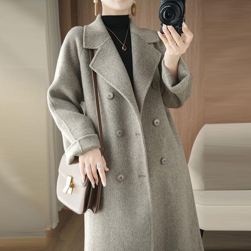 

Зимнее шерстяное пальто женское элегантное двубортное длинное пальто простое теплое верхнее пальто XL