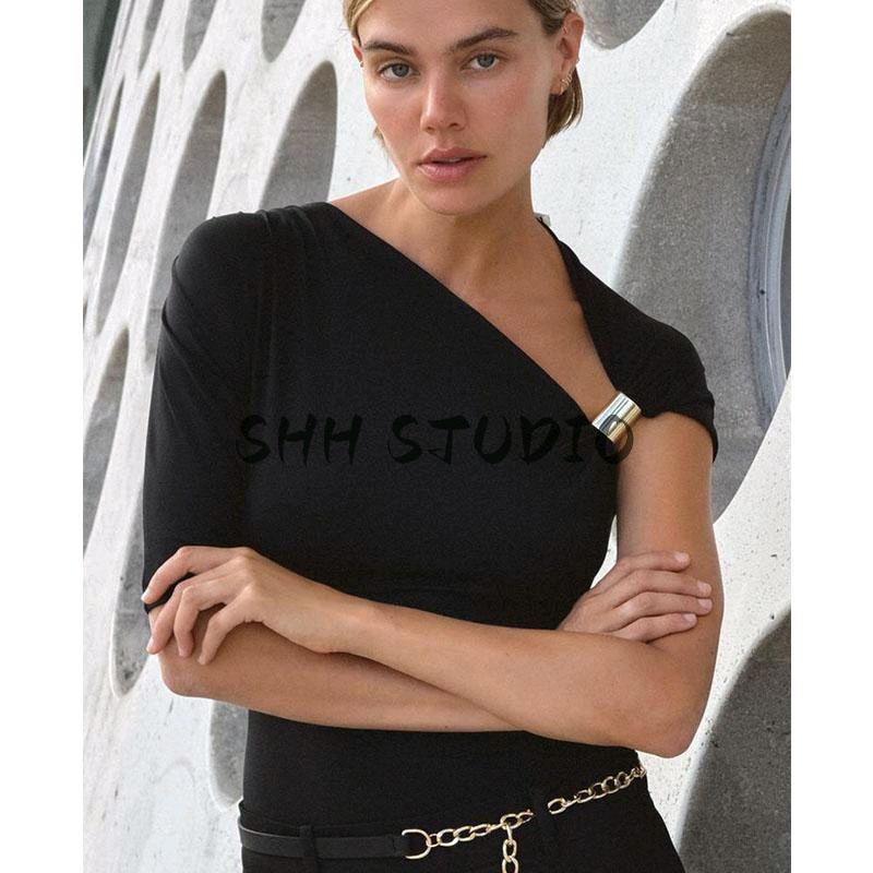 Spring New Women's Clothing European and American Leisure Easiest for Match Nylon off-Shoulder Asymmetric Design Tops 1026164