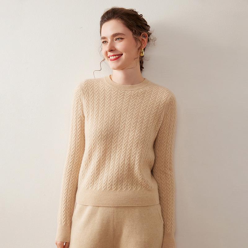 Women's Heavy-Duty Cable Knit Round Neck Cashmere Sweater - Autumn/Winter Warm, Loose Fit Pullover Knitwear