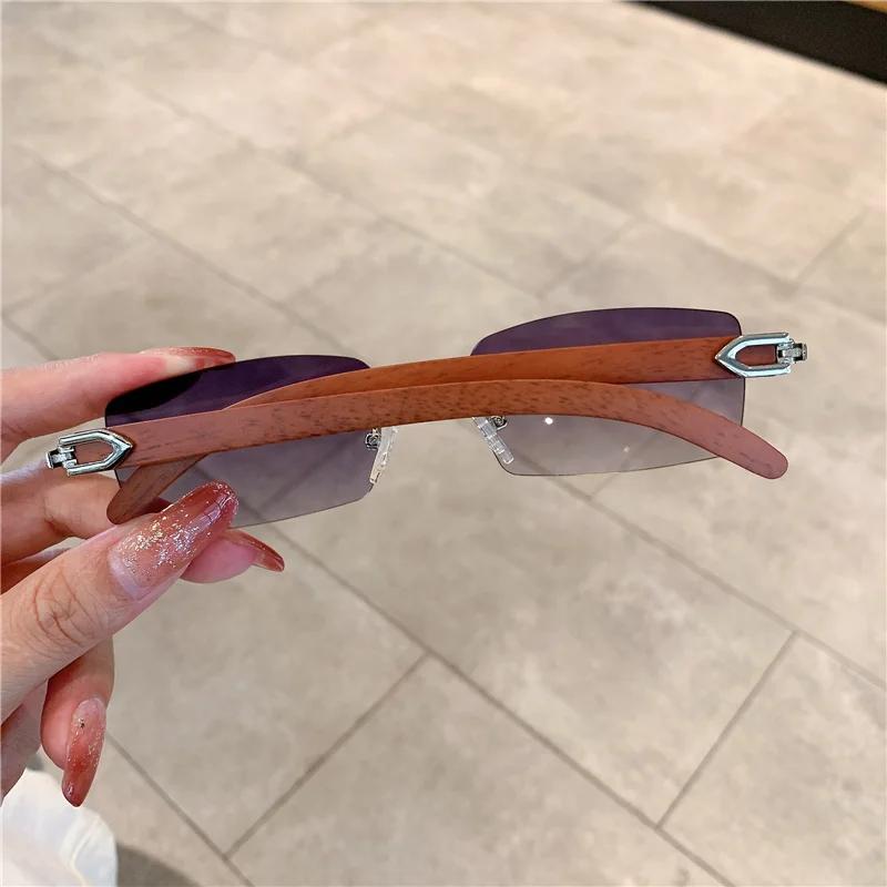 Rimless Sunglasses for  Women Wooden Pattern Luxury Brand Retro Sun Glasses Fashion Shades UV4 Travel Outdoor Gafas De Sol