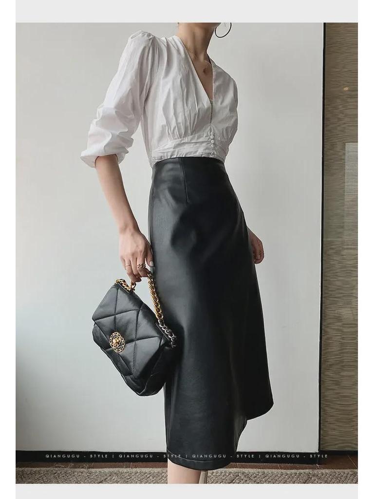 PU Leather A-Line Skirt: Autumn/Winter 2025, Slimming Mid-Length with Slit, Versatile Korean Style for Women