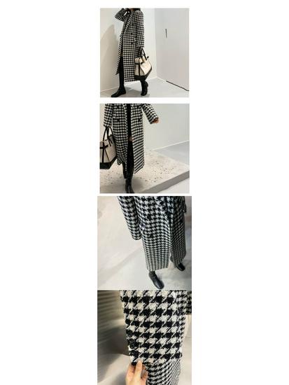 2025 Spring Korean Houndstooth Woolen Mid-Length Over-the-Knee Socialite Coat for Women