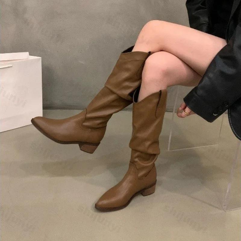 Fashion Hot Selling Women Boots Vintage Chunky Heel Cowboy Boots 2025 Autumn Faux Suede Long Boots Woman Pointy Knee-high Botas Mujer