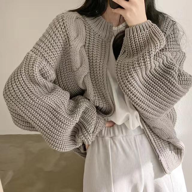 Herbst und Winter Damenpullover Lockerer Reißverschluss Krapfen Zopfmuster Dickstrick Cardigan