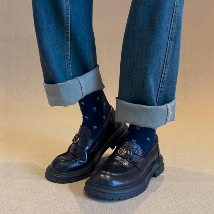 Cowhide version~ Retro camellia thick-heeled loafers women's leather round head one-pedal British style platform small leather shoes