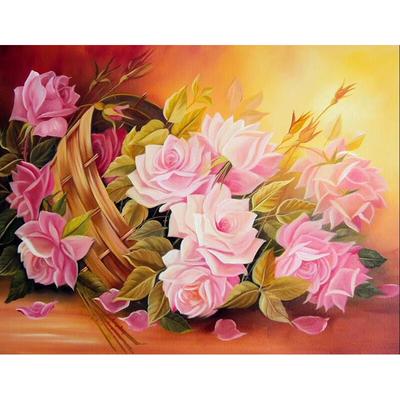 Pittura Diamante 5D Cesto di Fiori Rosa Tondo Pieno Ricamo Diamante Fai da Te Punto Croce