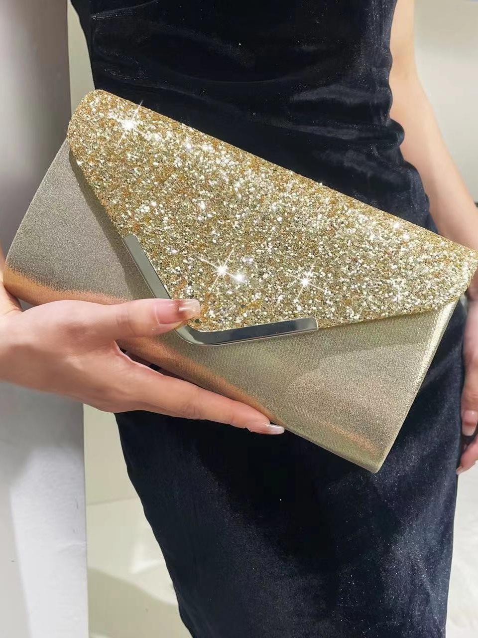 Вечерний клатч из ПУ-материала с пайетками и цепочкой 23x13x5 cm золотой