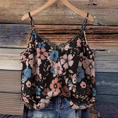 Summer New Women's Retro Floral Print Lace Camisole Sleeveless Top