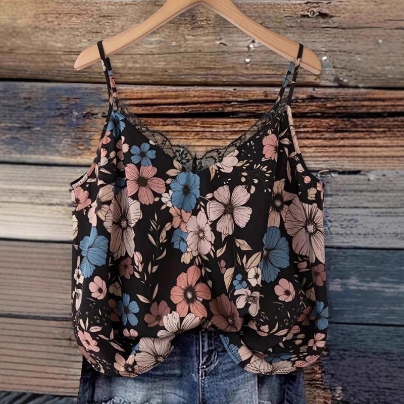 Summer New Women's Retro Floral Print Lace Camisole Sleeveless Top
