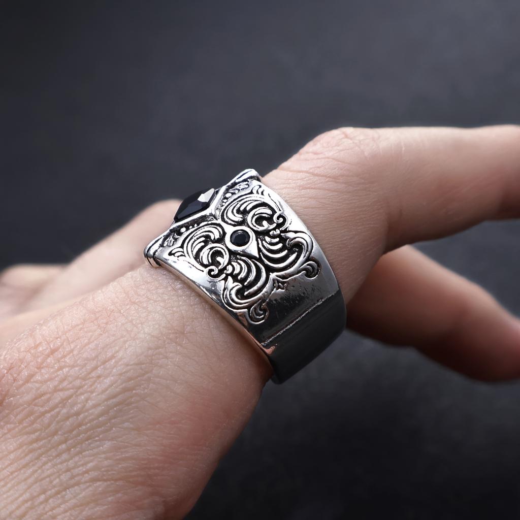 Retro Floral Patterns Black Ziron Adjustable Open Ring For Men Gothic Punk Edgy Silver-plated Copper Jewelry Accessories Gift