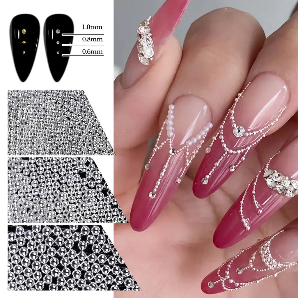 6Gird Mini Stainless Steel Caviar Beads 0.6/0.8/1mm Nail Art Mixed Size Alloy Gold/Silver Bead Nail Charms Manicure Micro Ball