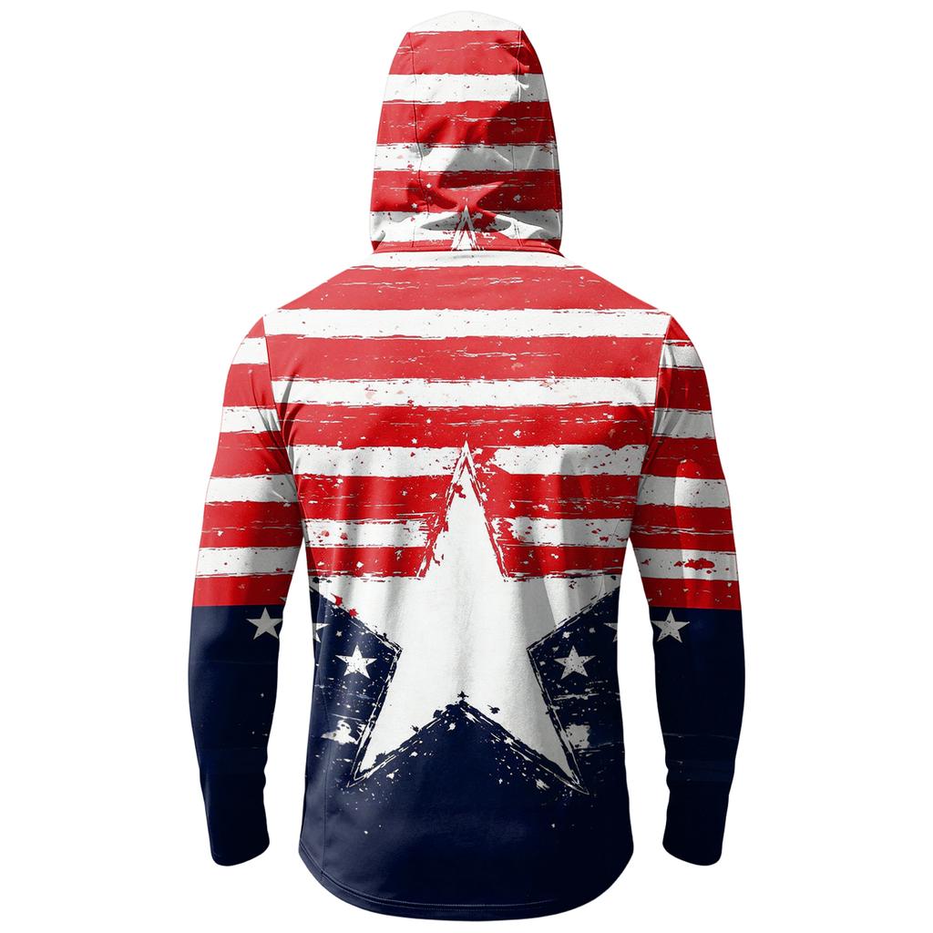 Men's Casual Hooded Long Sleeve Sun Protection Top with Independence Day Print Star Pattern Pullover Lightweight Shirt