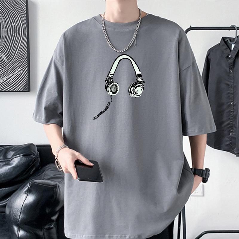 Earphone Pattern Men's Oversized Drop Shoulder T-Shirt 100% Cotton Streetwear Tee