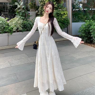 Primavera feminino elegante manga longa vestido de renda outono branco vestidos finos doce roupas coreanas