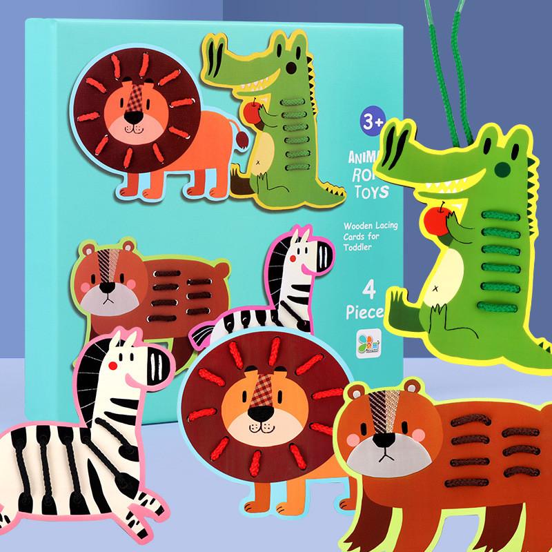 Wooden Animal And Fruit Lacing Board Educational Toy For Toddler Hand Eye Coordination Development