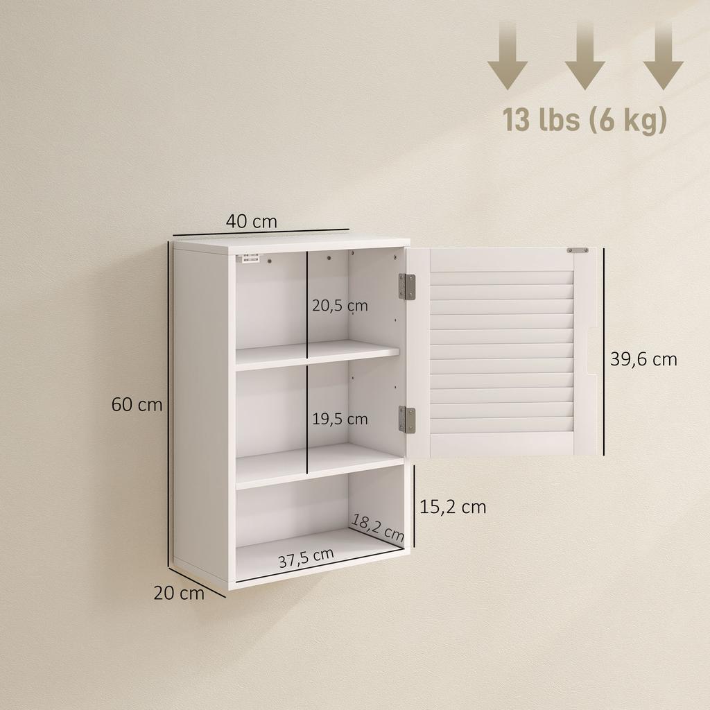 Bathroom Cabinet, Wall Mounted Storage Cabinet with Adjustable Shelves, 40 x 20 x 60 cm, White