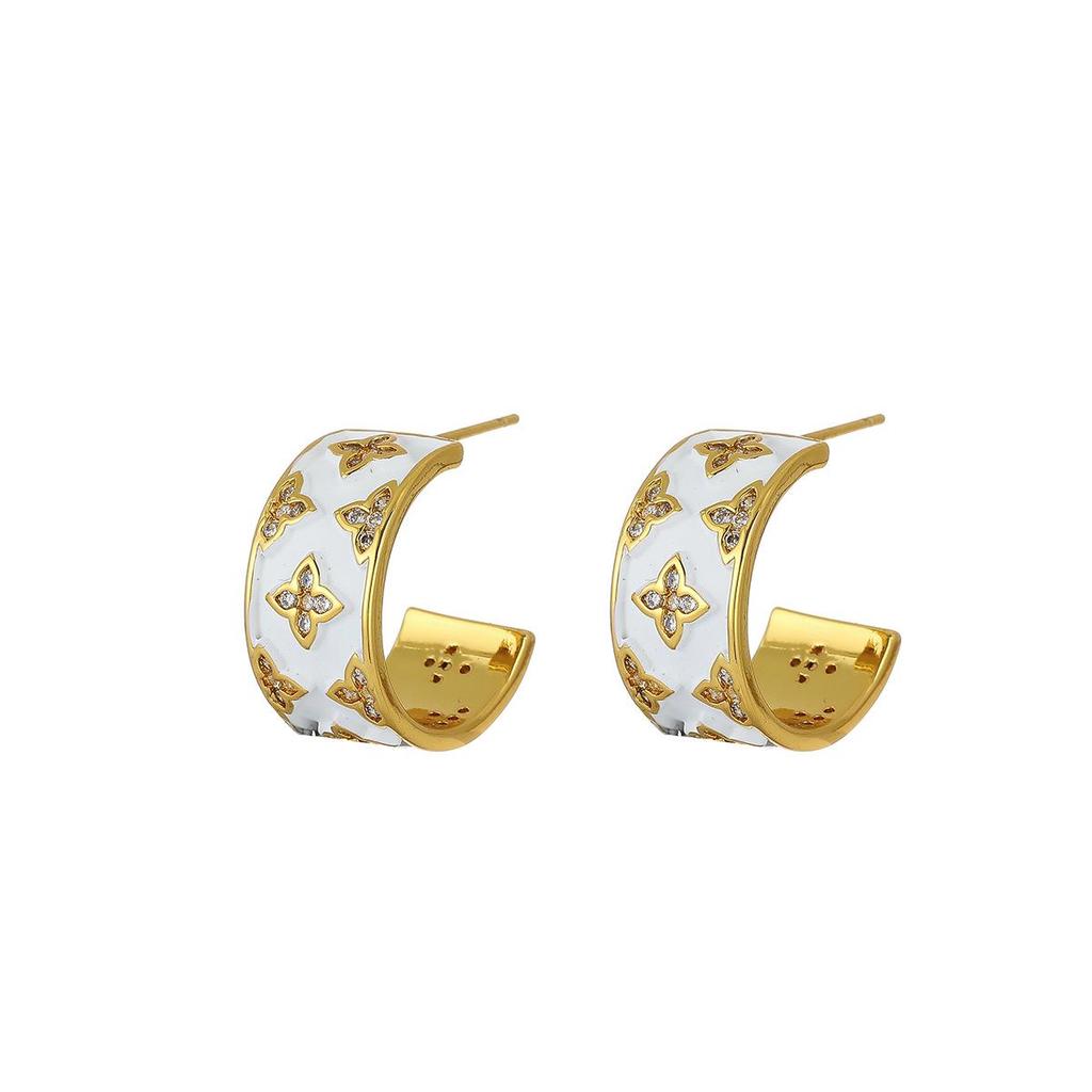 Elegant Four-Leaf Clover Zircon-Encrusted Hoop Earrings - Luxury Vintage European & American Design