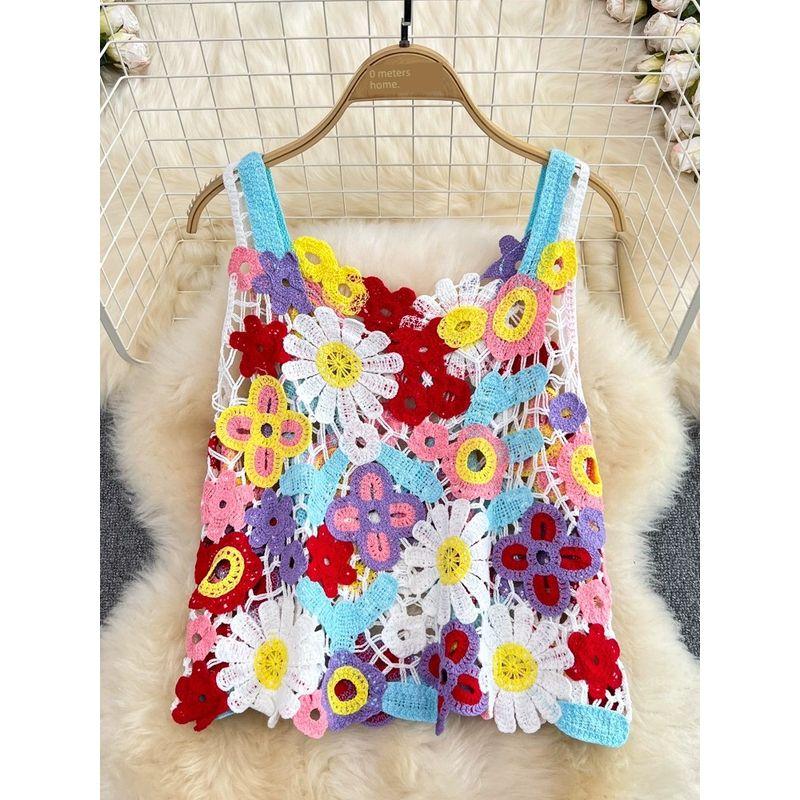 Seaside Holiday Cut Out Crocheted Flower Color Lace Sling Vest Two-Piece Set Ethnic Style Retro High Waist Loose Pants