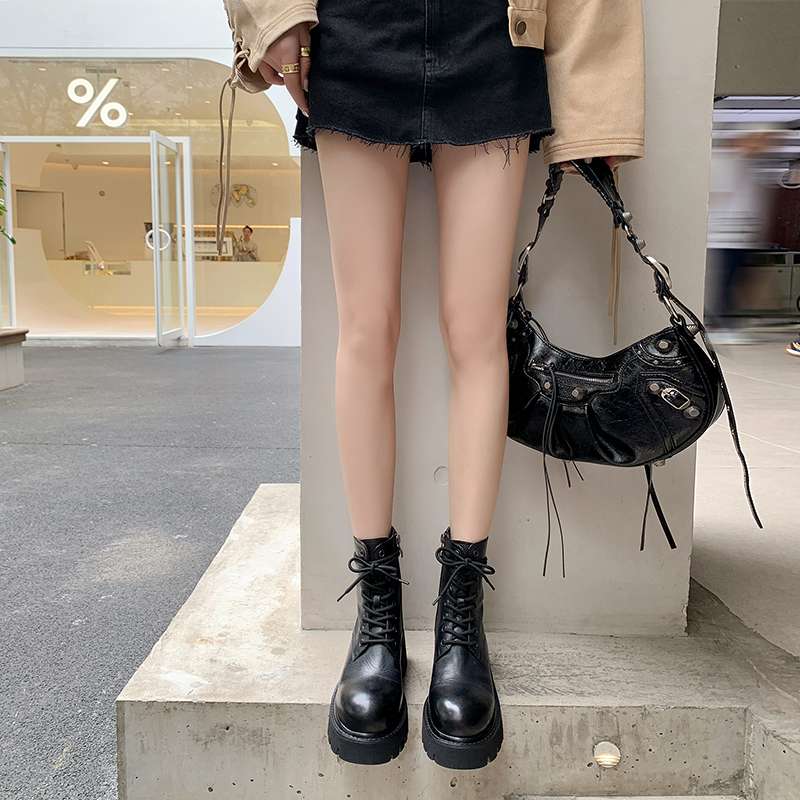 Krazing Pot Kuskinn Høst Vinter Sko Rund Tå Medium Hæler Snøring Motorsykkelstøvler Dame Ankelstøvletter