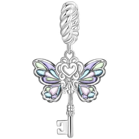 Colgantes de plata de ley S925 con forma de gato, perro, mariposa, flor y cadena de seguridad de color morado, aptos para pulseras originales DIY